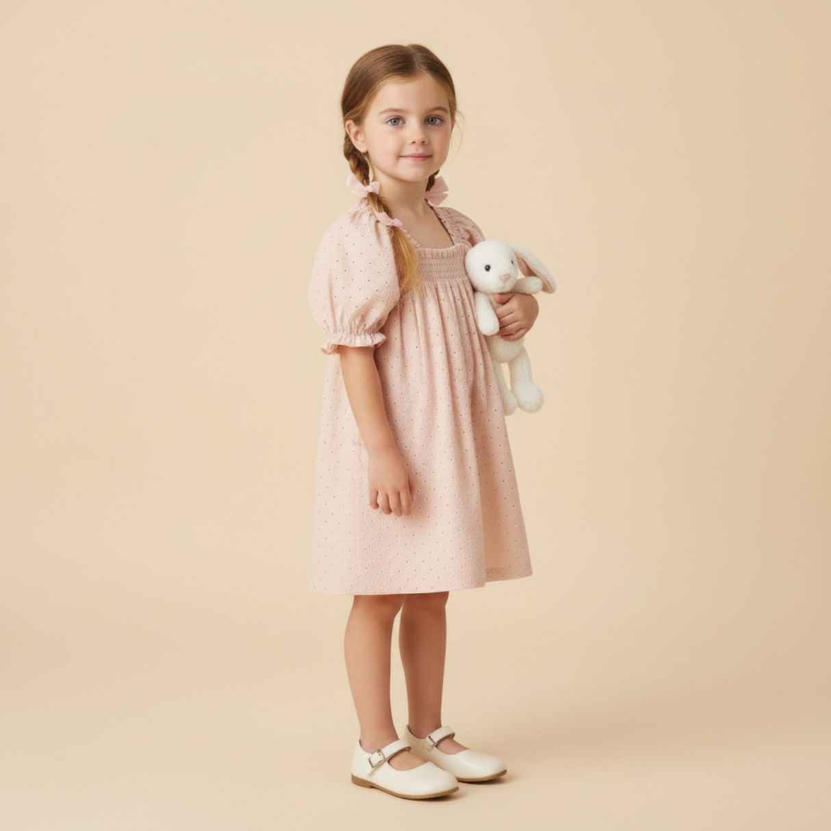Organic Eyelet Bubble Sleeve Dress- Blush Eyelet by Makemake
