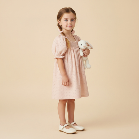 Organic Eyelet Bubble Sleeve Dress- Blush Eyelet by Makemake