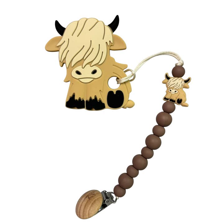 Teether & Clip Bundle- Highland Cow Navajo by Three Hearts + Co.