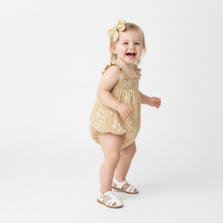 Organic Ruffle Sleeve Bubble Romper- Yellow Blossom by Makemake