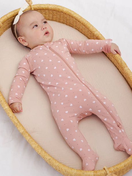 Bamboo Zip Footie || Pink Hearts by Quincy Mae