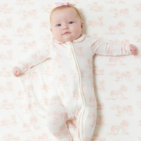 Peter Pan 2 Way Zipper Footie- Farm Toile Pink by Angel Dear