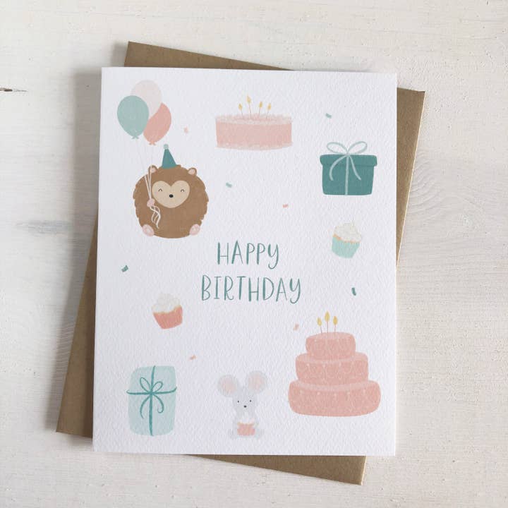 Happy Birthday Critters- Hedgehog Mouse Cake Card