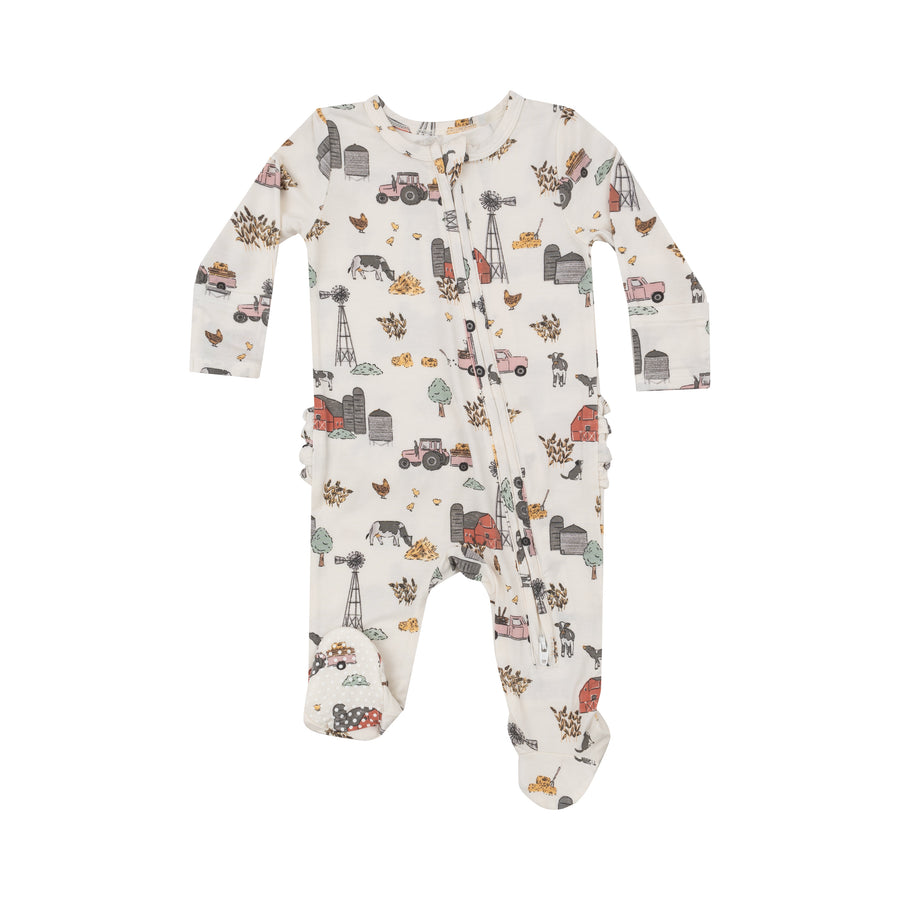2-Way Zipper Ruffle Back Footie - Hay Farmer Pink by Angel Dear