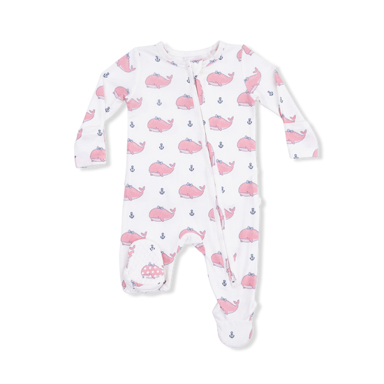 2 Way Ruffle Back Zipper Footie- Bubbly Whale w/ Pink Bow by Angel Dear
