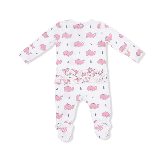 2 Way Ruffle Back Zipper Footie- Bubbly Whale w/ Pink Bow by Angel Dear