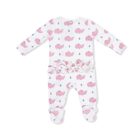 2 Way Ruffle Back Zipper Footie- Bubbly Whale w/ Pink Bow by Angel Dear