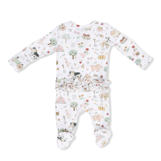 2 Way Ruffle Back Zipper Footie- Cute Farm Animals Pink by Angel Dear