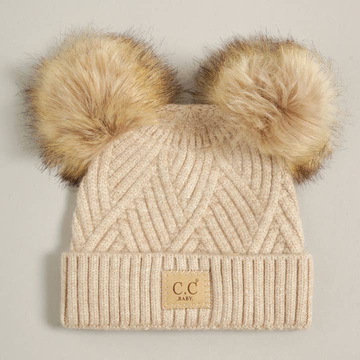 Baby Criss-Cross Beanie w/ Double Pom-Pom in Beige Mix by C.C Baby