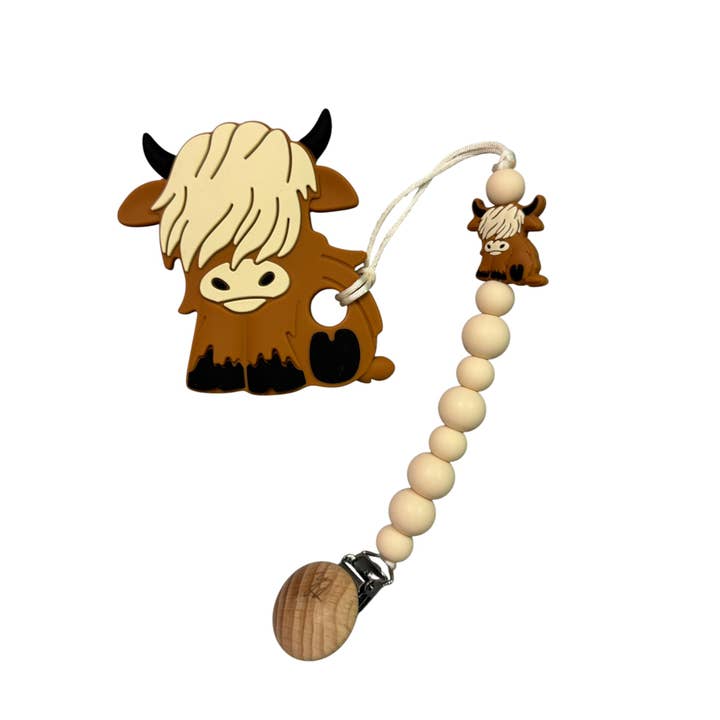 Teether & Clip Bundle- Highland Cow Brown by Three Hearts + Co.