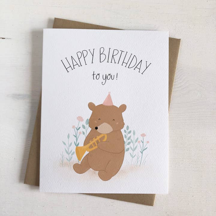 Happy Birthday Song- Trumpet Bear Celebration Card