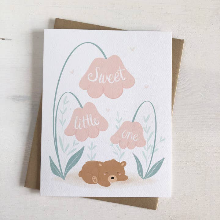Sweet Little One- New Baby Bear Pink Flowers Card