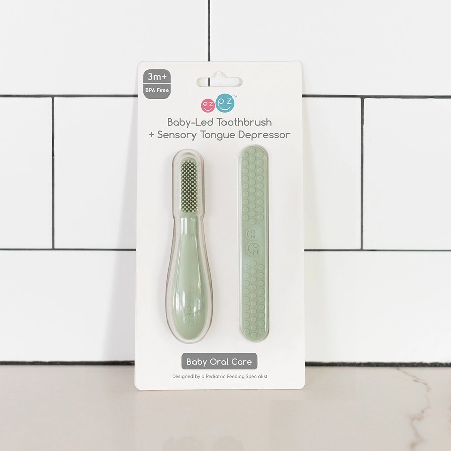 Baby-Led™ Toothbrush + Sensory Tongue Depressor Dual Pack - Sage by EZPZ