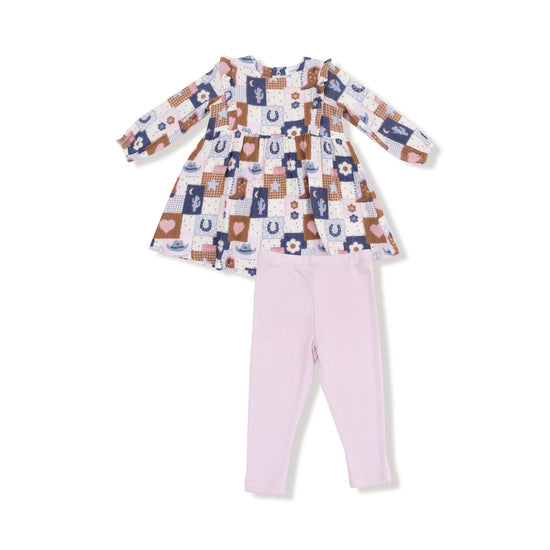 Ruffle L/S Dress + Ribbed Legging- Patchwork Cowgirl by Angel Dear