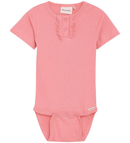 Ribbed Bodysuit in Strawberry Pink by Minymo