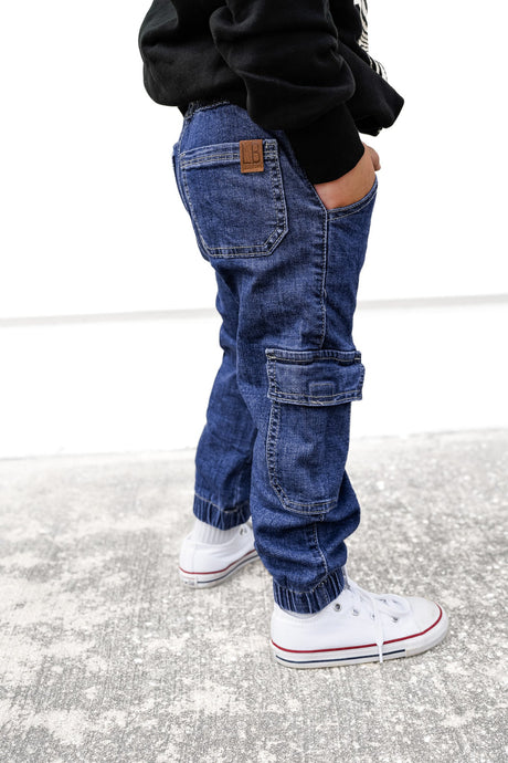 Cargo Denim Jogger - Classic Denim Wash by Little Bipsy