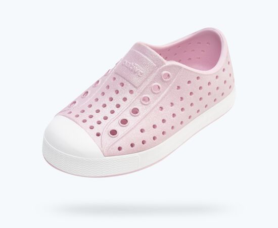 Native Jefferson Bio-Bling kids shoes in Barely Pink Bling and Shell White