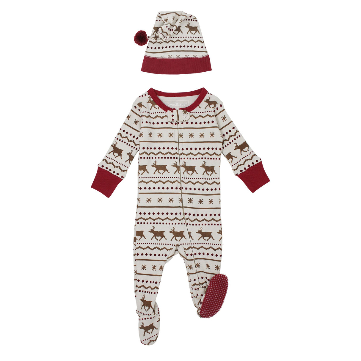 Holiday 2-Way Zipper Footie & Cap Set in Fair Isle Rudolph by L'ovedbaby