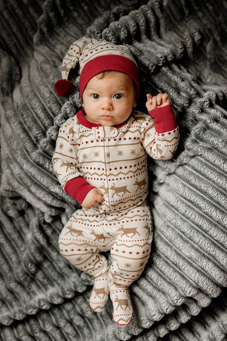 Holiday 2-Way Zipper Footie & Cap Set in Fair Isle Rudolph by L'ovedbaby