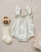 Smocked Ruffle Sleeve Romper || Sky Micro Stripe by Quincy Mae