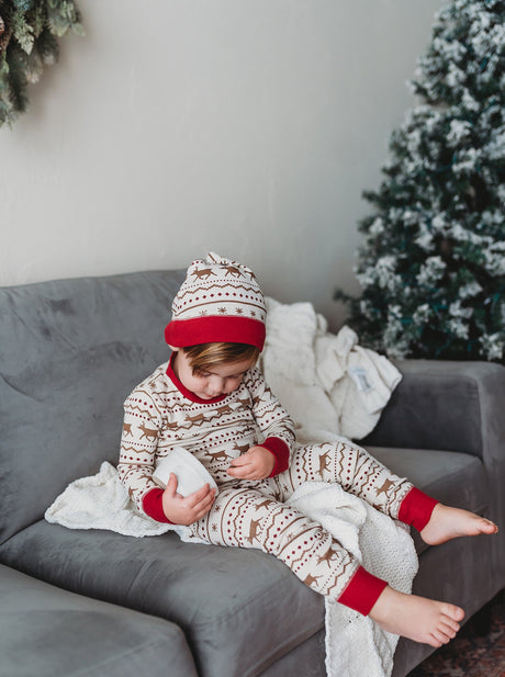 Kids' Organic Holiday PJ & Cap Set in Fair Isle Rudolph by L'ovedbaby