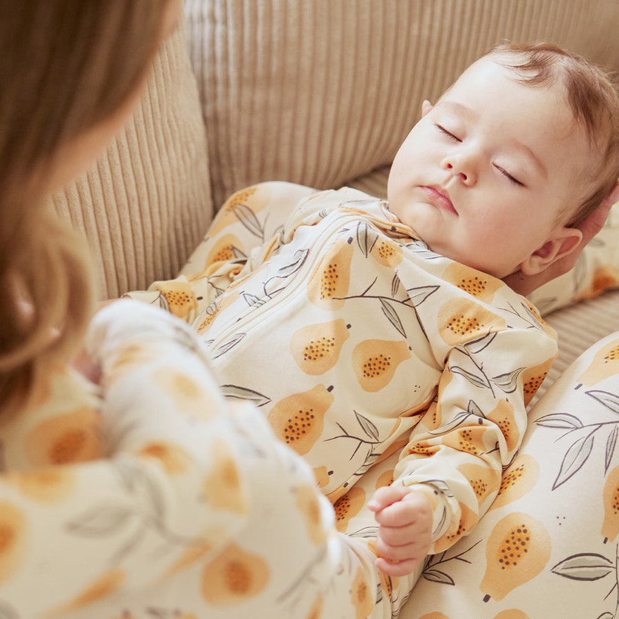 Papaya Print on Antique White Jersey Sleeper by Petit Lem