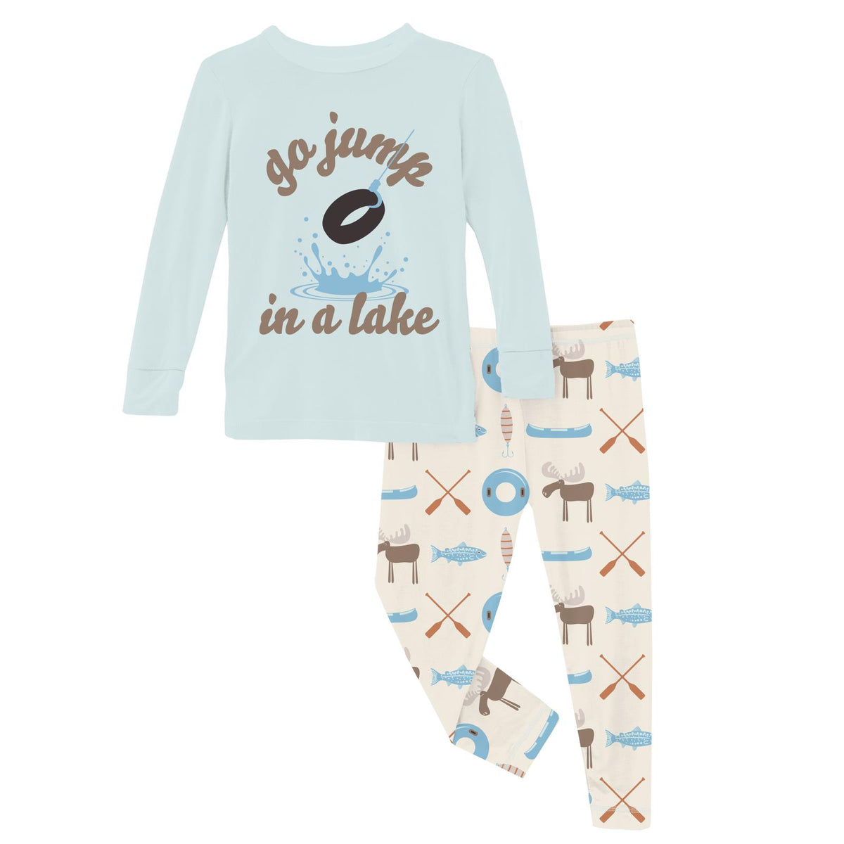 Long Sleeve Graphic Tee Pajama Set in Natural Lake Life by Kickee Pants