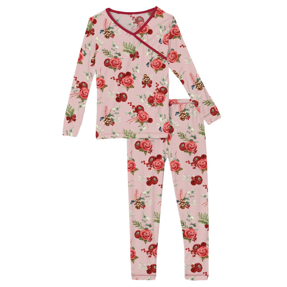 Print Long Sleeve Kimono Pajama Set- Baby Rose Holiday Floral by Kickee Pants