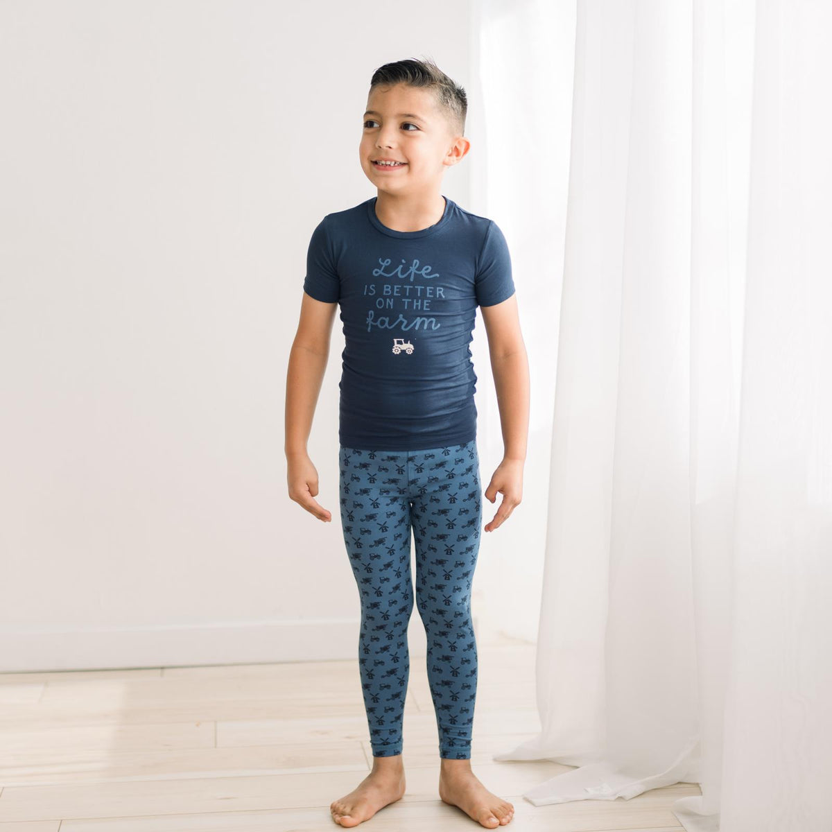 Short Sleeve Graphic Tee Pajama Set- Denim Tractors & Windmills by Kickee Pants