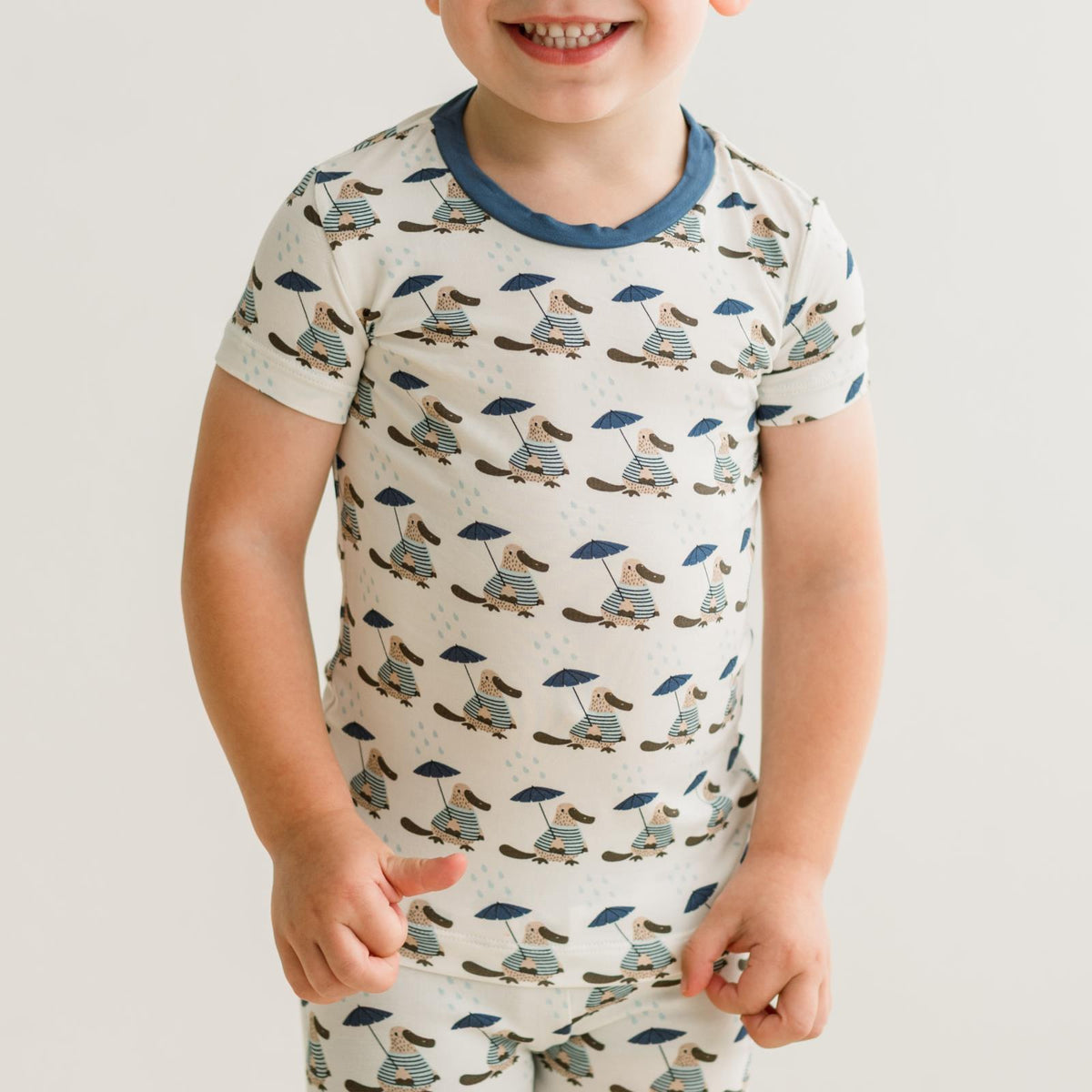 Print Short Sleeve Pajama Set- Natural Rainy Day Platypus by Kickee Pants