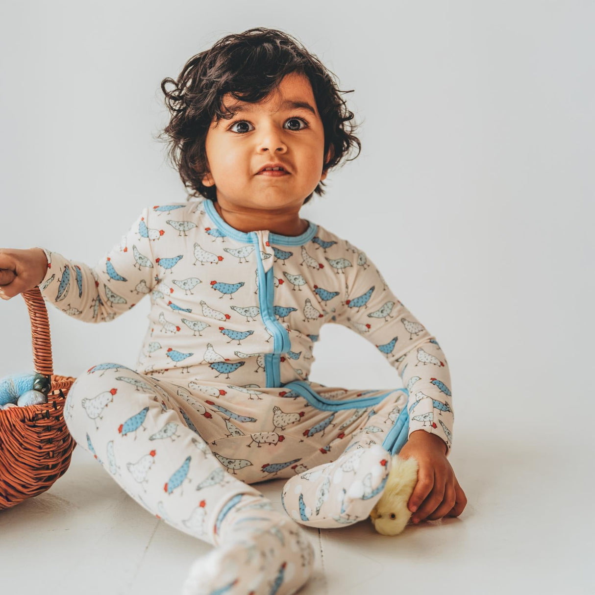 Print Footie with 2 Way Zipper in Latte Chickens by KicKee Pants