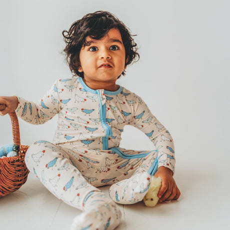 Print Footie with 2 Way Zipper in Latte Chickens by KicKee Pants