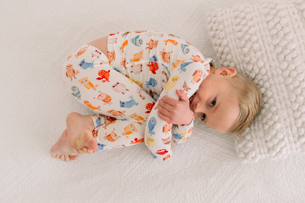 Print L/S Pajama Set- Natural Owls by Kickee Pants