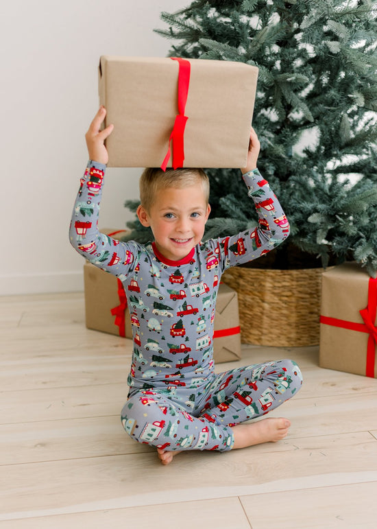 Print Long Sleeve Pajama Set- Moonlight Christmas Cars & Trucks by Kickee Pants