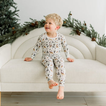 Print L/S Pajama Set- Natural Forest Moose by Kickee Pants