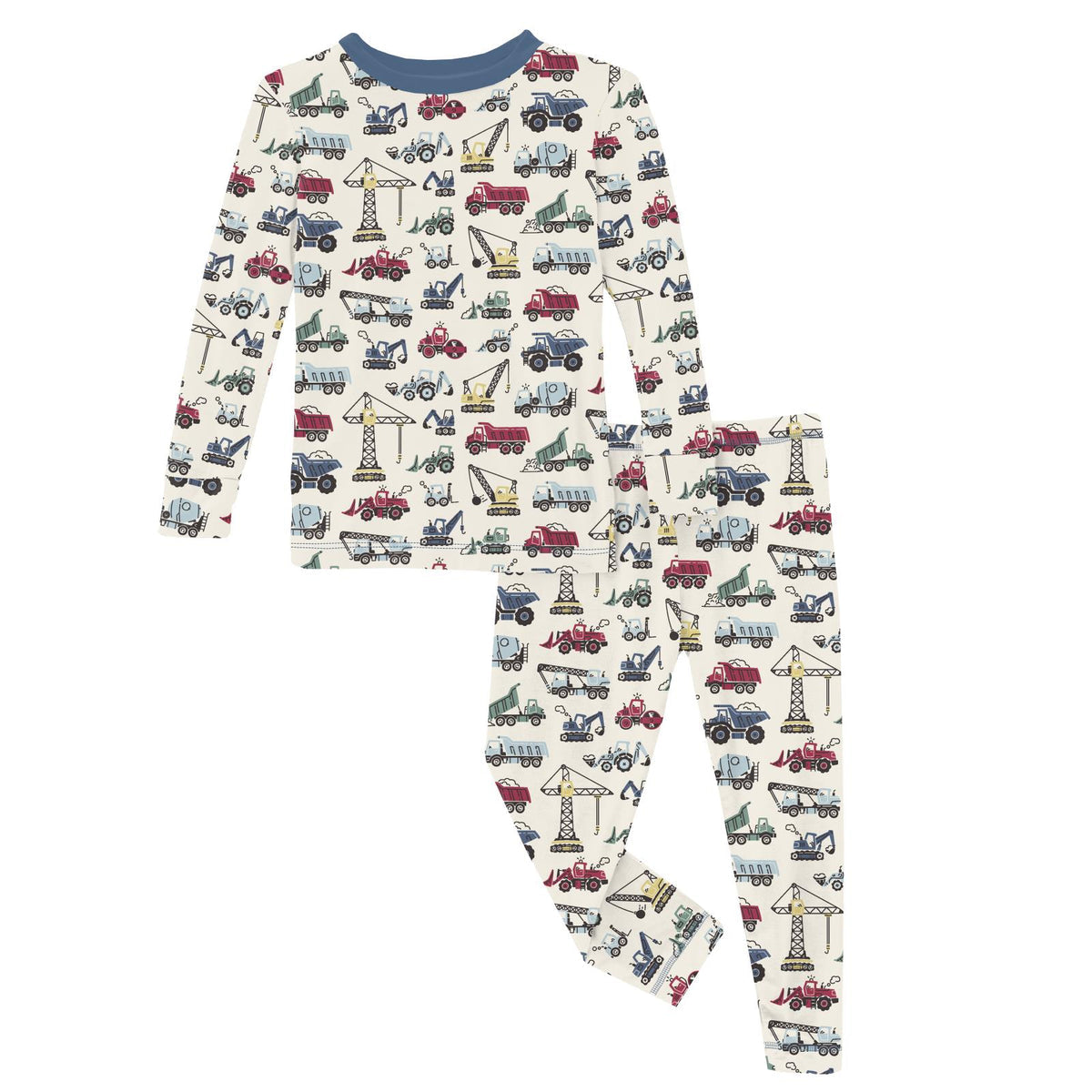L/S Pajama Set- Natural Construction Trucks by Kickee Pants