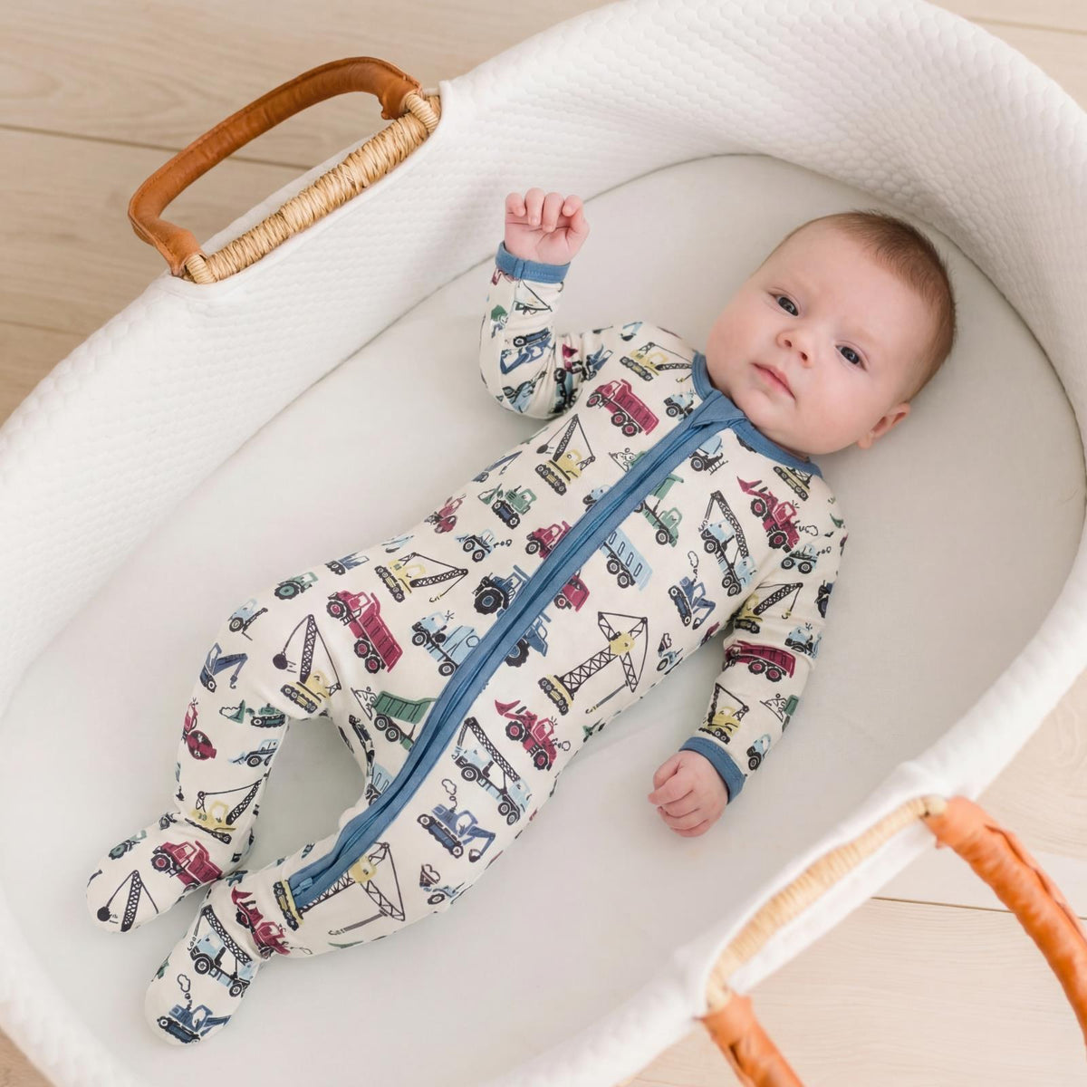 Footie w/ 2 Way Zipper- Natural Construction Trucks by Kickee Pants