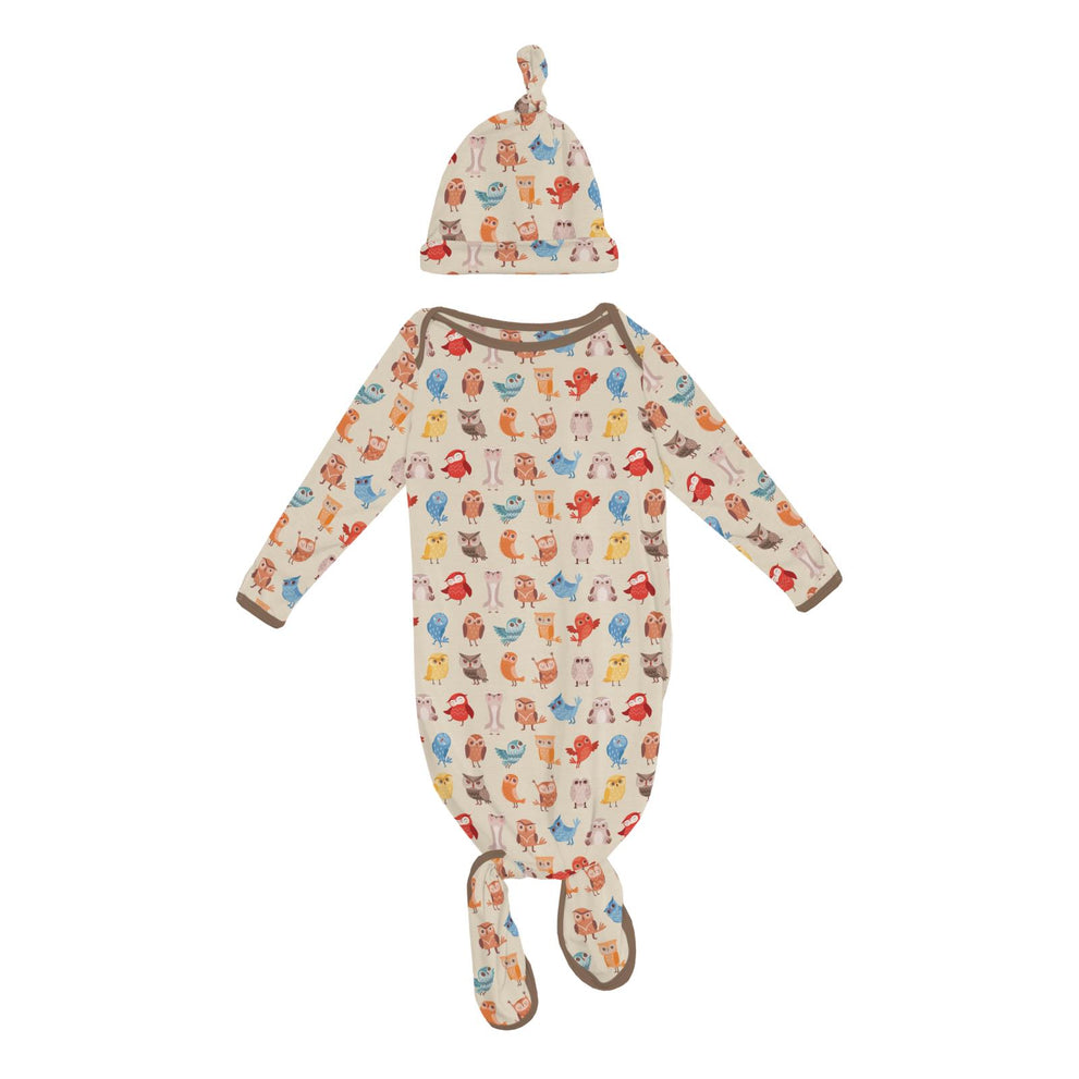 Print Knotted Layette Gown & Hat Set- Natural Owls by Kickee Pants