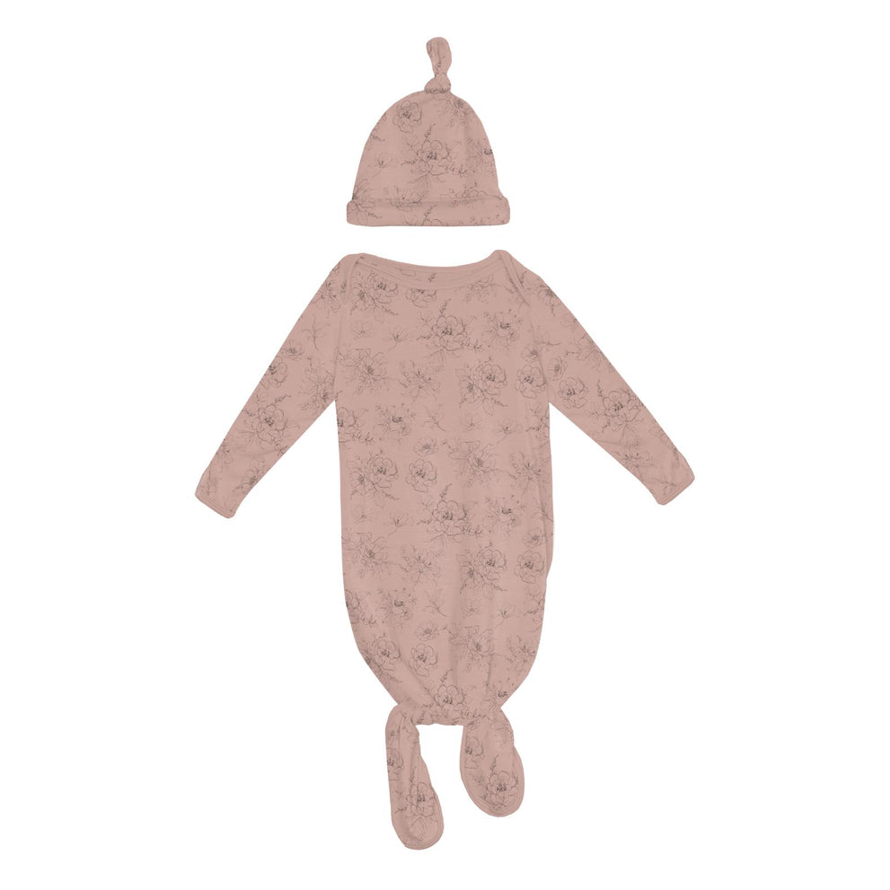 Print Knotted Layette Gown & Hat Set- Baby Rose Pencil Floral by Kickee Pants