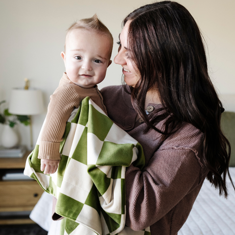 Minky Stretch Receiving Blanket- Olive Checkered by Saranoni