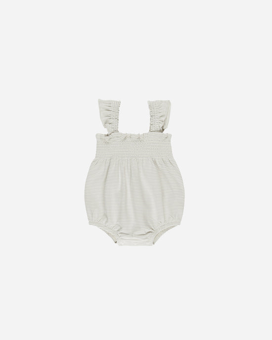 Smocked Ruffle Sleeve Romper || Sky Micro Stripe by Quincy Mae