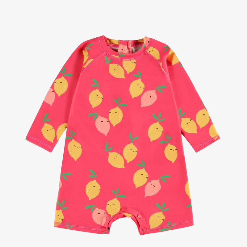 Pink one piece swimsuit with lemon all over print by Souris Mini