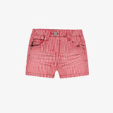 Red and White Striped Denim Shorts by Sourismini