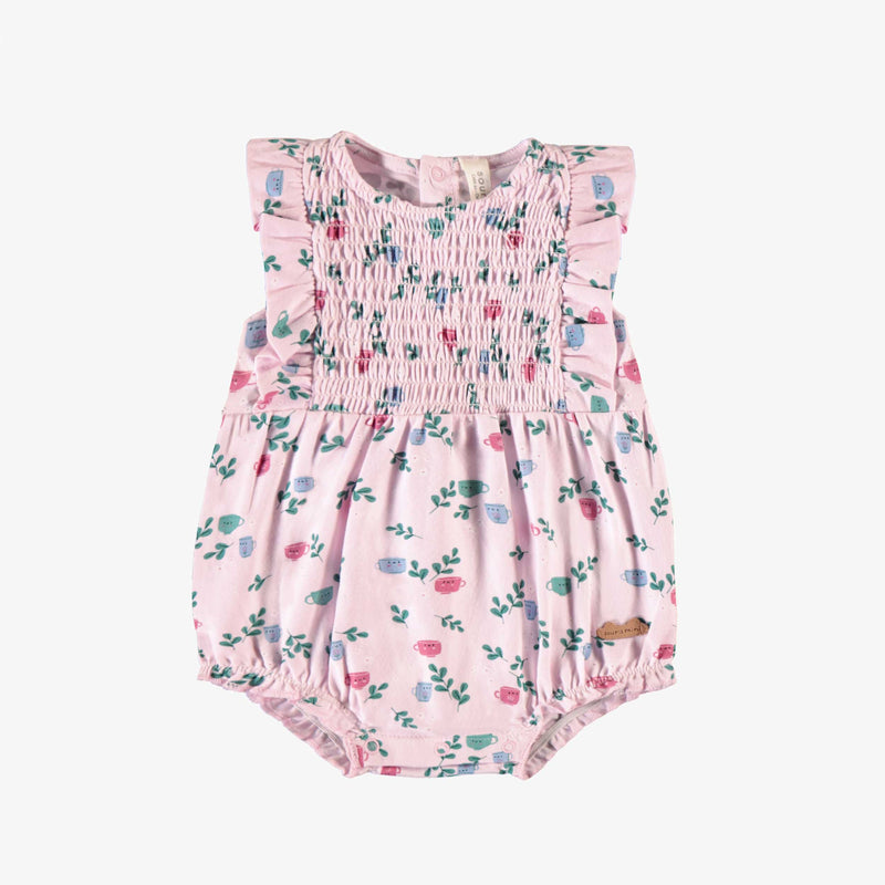 Pink one piece in stretch jersey w/ cups and flowers print by Souris Mini