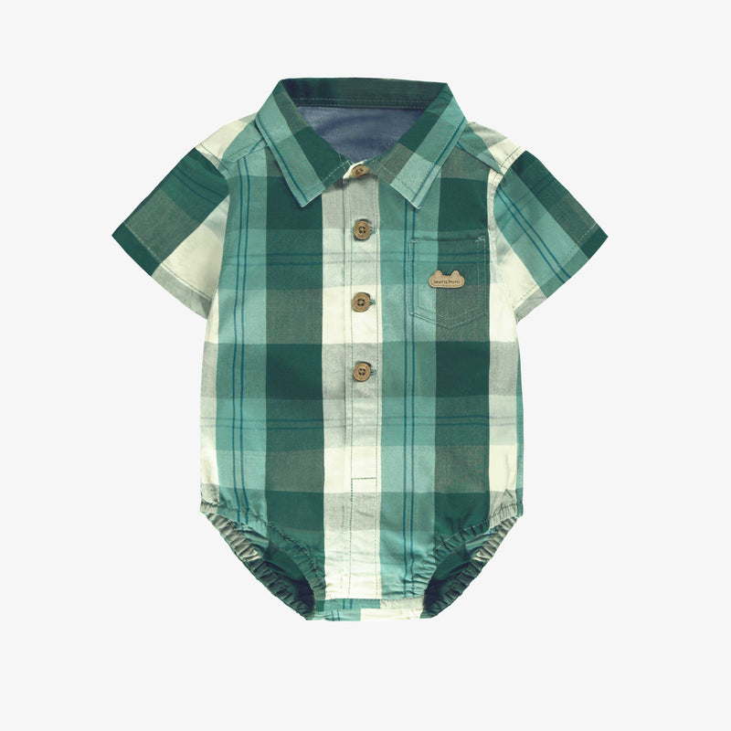 Green and turquoise shirt bodysuit in checked poplin by Souris Mini