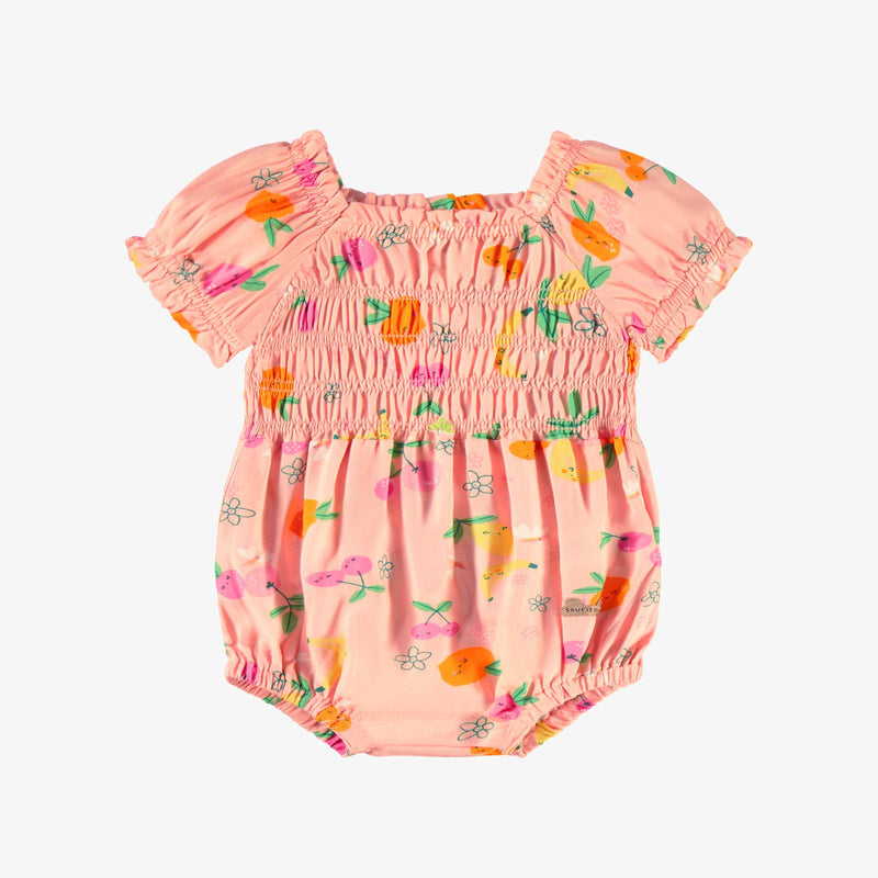 Pink one-piece in viscose with fruit all over print by Souris Mini