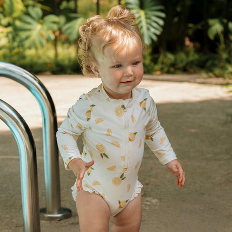 Lemon Print on Off-White L/S Swimsuit by Petit Lem