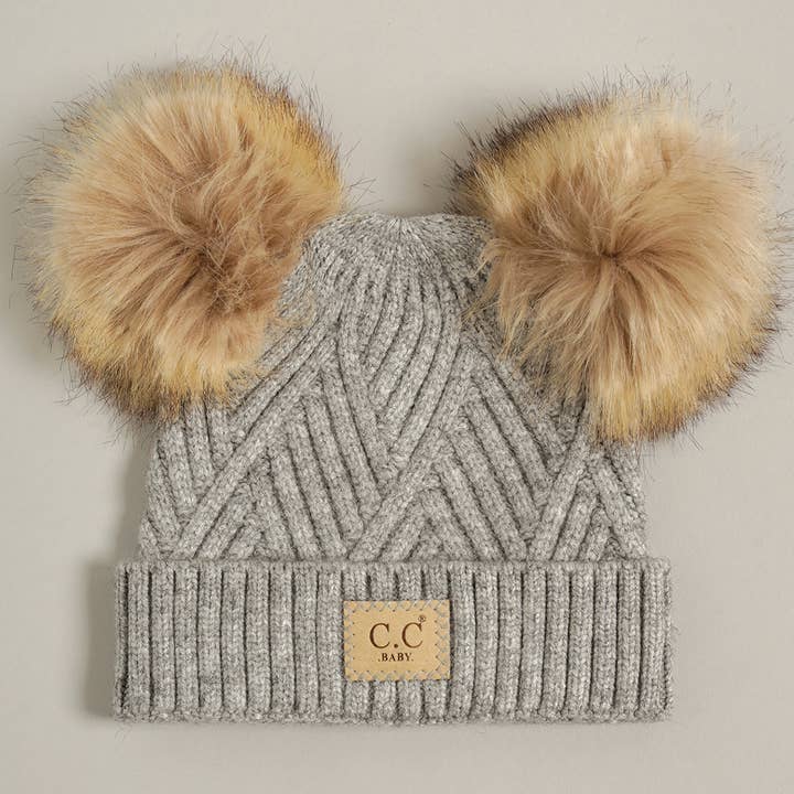 Baby Criss-Cross Beanie w/ Double Pom-Pom in Grey Mix by C.C Baby