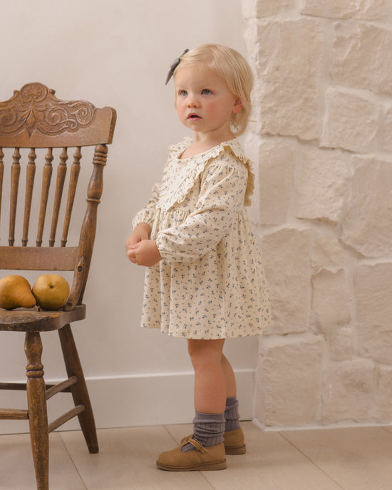 Long Sleeve Ruffle V Dress || Blue Ditsy by Quincy Mae