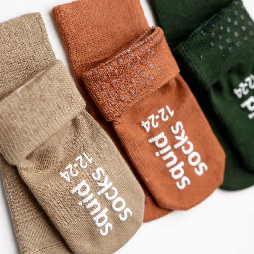 Cypress - Non-Slip Baby Socks in Khaki, Cognac, Evergreen by squid socks